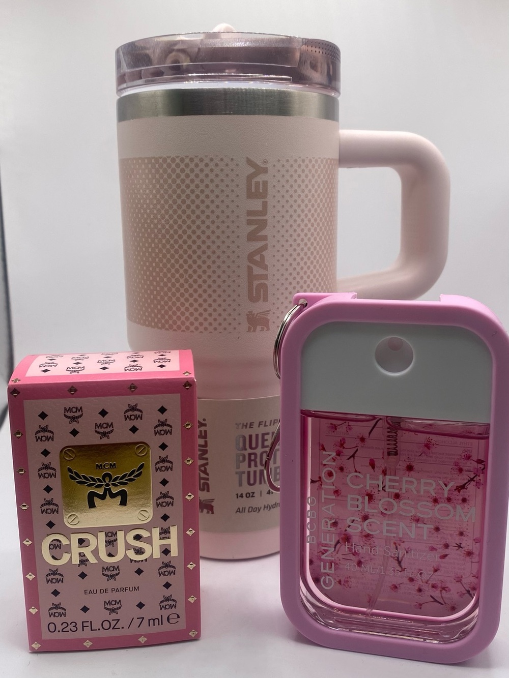Stanley Cup 14 oz Pink with Mini MCM Crush fragrance and BCBG Hand  Sanitizer